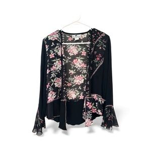 Vintage Y2K Era Tommy N’ Loulou Black and Pink Sheer Floral Open Cardigan Small